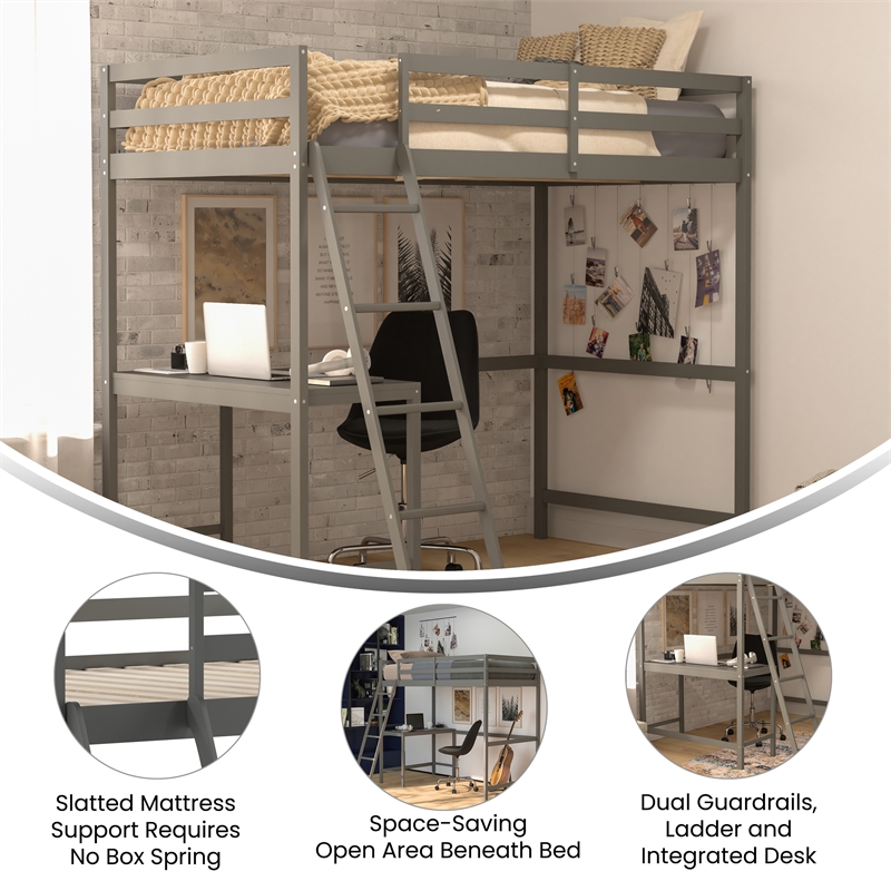 Pemberly Row Twin Wood Slat Loft Bed with Integrated Desk & Ladder in Light Gray