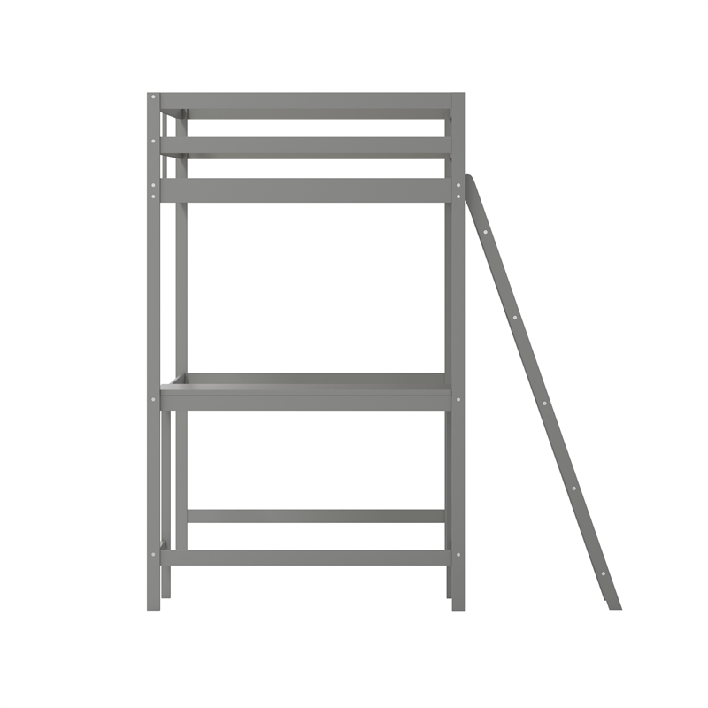 Pemberly Row Twin Wood Slat Loft Bed with Integrated Desk & Ladder in Light Gray