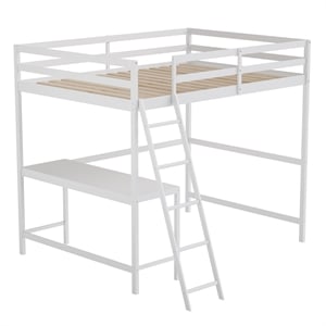 Pemberly Row Full Wood Slat Loft Bed with Integrated Desk and Ladder in White