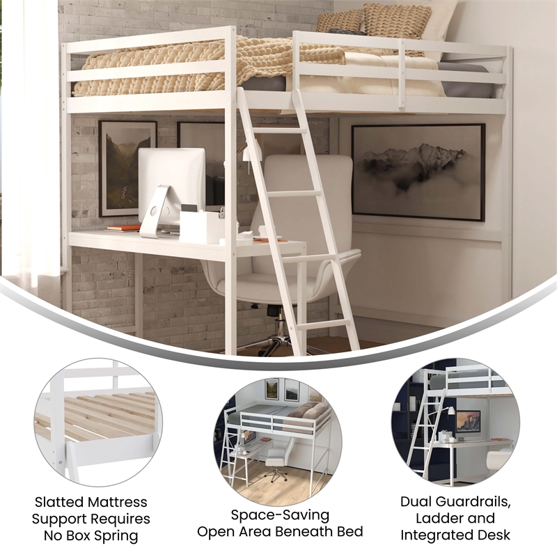 Pemberly Row Full Wood Slat Loft Bed with Integrated Desk and Ladder in White
