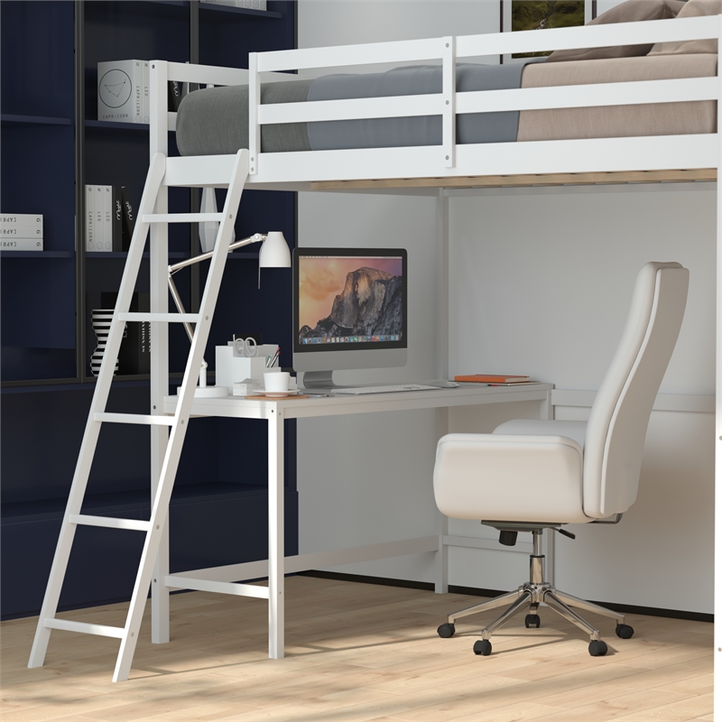 Pemberly Row Full Wood Slat Loft Bed with Integrated Desk and Ladder in White