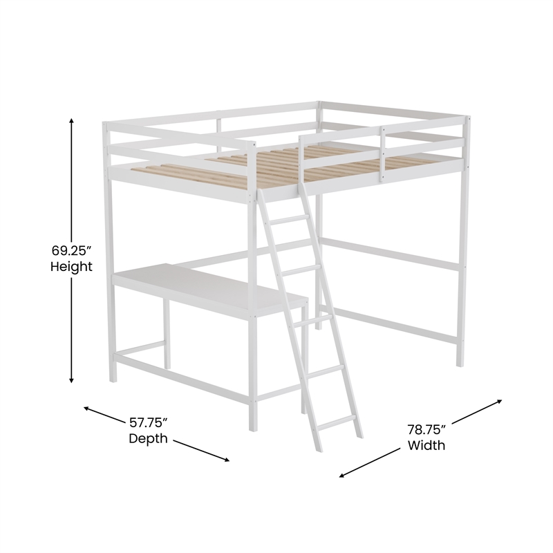 Pemberly Row Full Wood Slat Loft Bed with Integrated Desk and Ladder in White