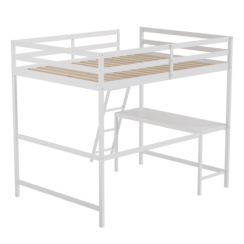 Pemberly Row Full Wood Slat Loft Bed with Integrated Desk and Ladder in White