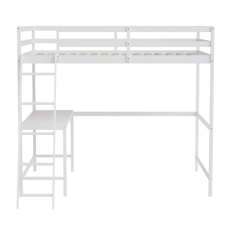 Pemberly Row Full Wood Slat Loft Bed with Integrated Desk and Ladder in White