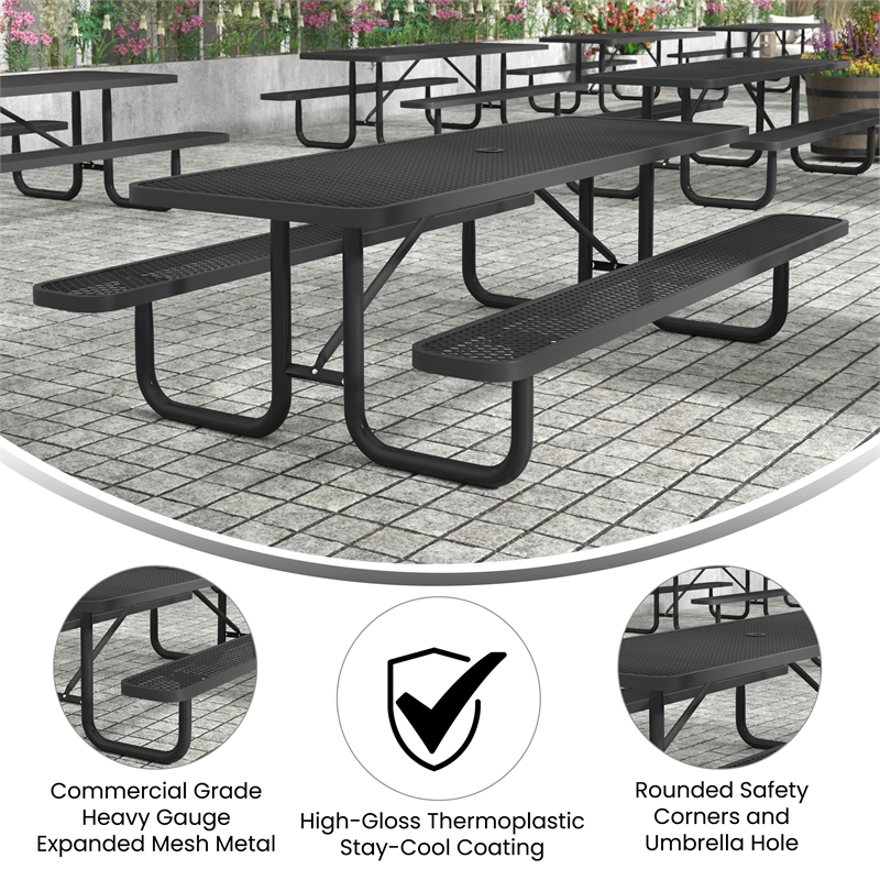 Pemberly Row 8' Rectangular Expanded Mesh Metal Outdoor Picnic Table in Black