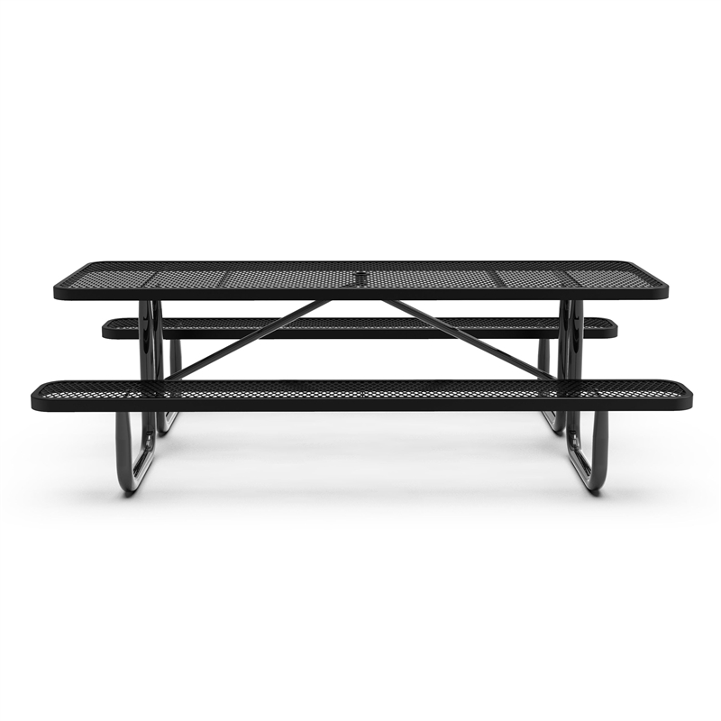 Pemberly Row 8' Rectangular Expanded Mesh Metal Outdoor Picnic Table in Black