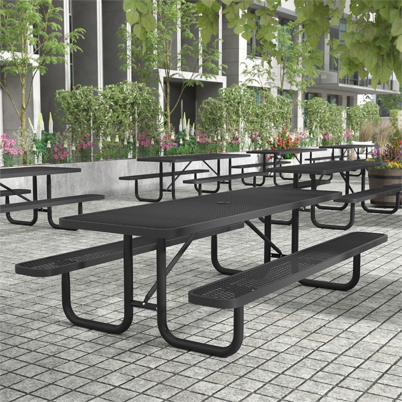 Pemberly Row 8' Rectangular Expanded Mesh Metal Outdoor Picnic Table in Black