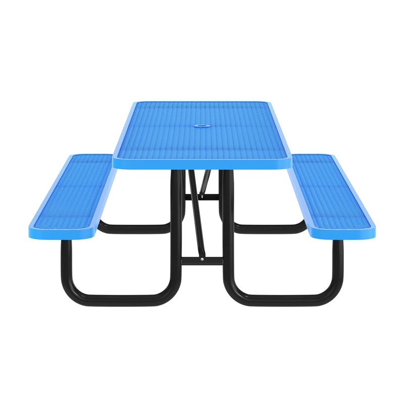 Pemberly Row 8' Rectangular Expanded Mesh Metal Outdoor Picnic Table in Blue
