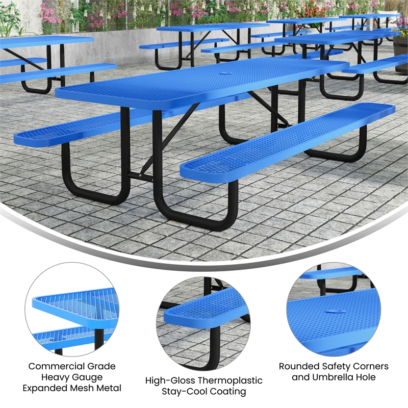 Pemberly Row 8' Rectangular Expanded Mesh Metal Outdoor Picnic Table in Blue