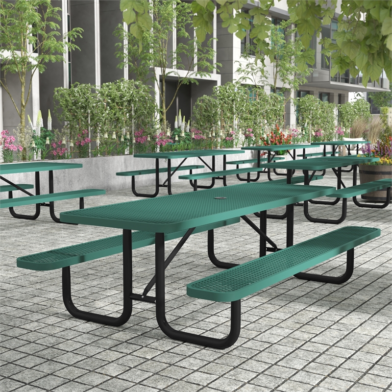 Pemberly Row 8' Rectangular Expanded Mesh Metal Outdoor Picnic Table in Black