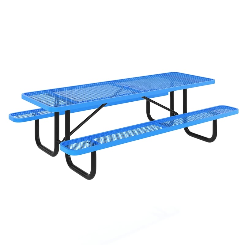 Pemberly Row 8' Rectangle Mesh Metal Outdoor Picnic Table with GAnchors in Blue