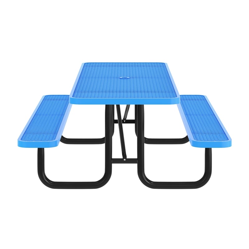 Pemberly Row 8' Rectangle Mesh Metal Outdoor Picnic Table with GAnchors in Blue