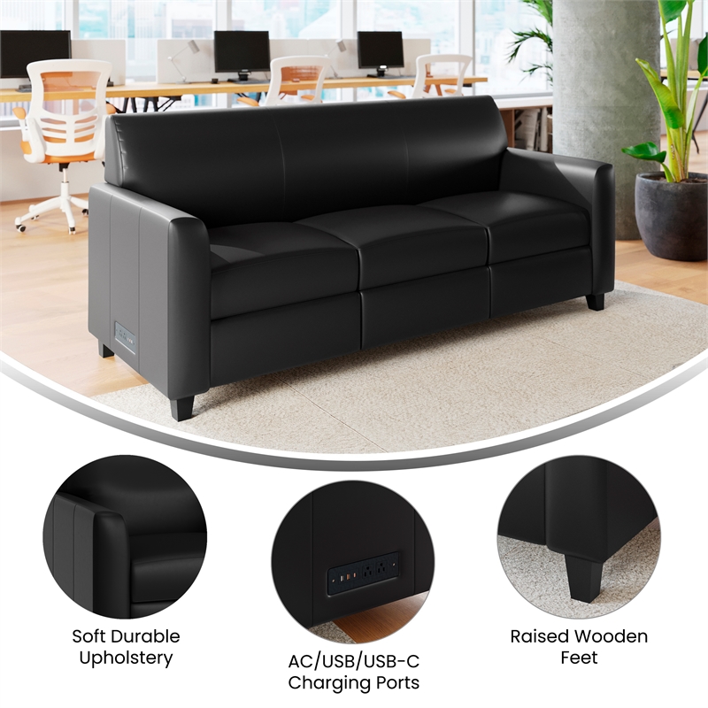 Pemberly Row LeatherSoft Sofa with Charging Station and Stitched Frame in Black