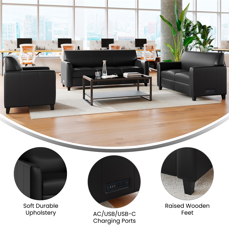 Pemberly Row 3 Piece Sofa Set with Clean Line Stitched Frame in Black