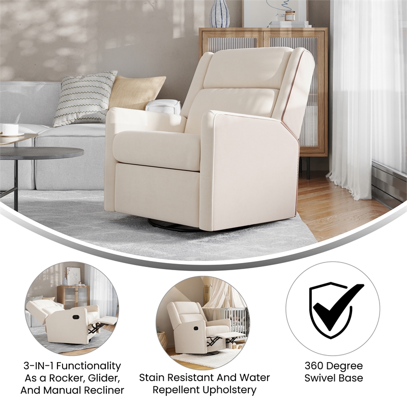 Pemberly Row Manual Rocking Recliner with 360 Swivel and Glide in Cream