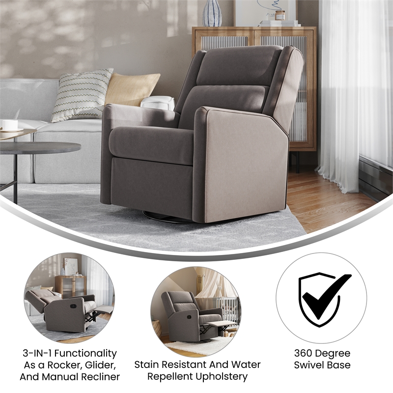 Pemberly Row Manual Rocking Recliner with 360 Swivel and Glide in Dark Gray