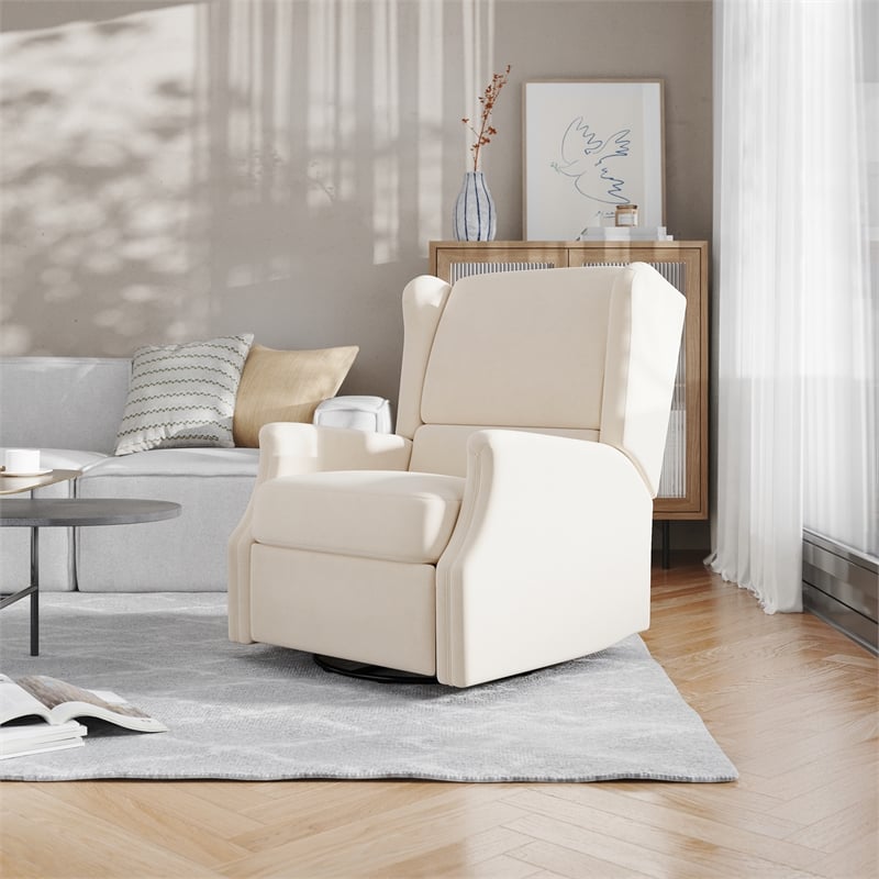 Pemberly Row Wingback Manual Rocking Glider Recliner with 360 Swivel in Cream