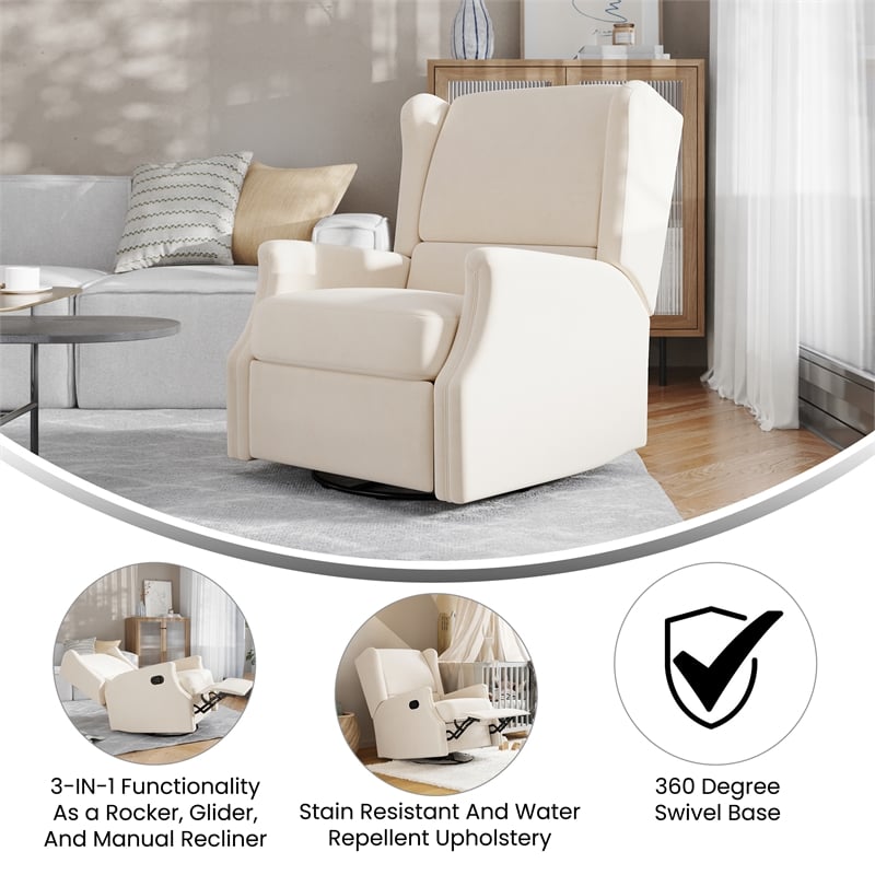 Pemberly Row Wingback Manual Rocking Glider Recliner with 360 Swivel in Cream
