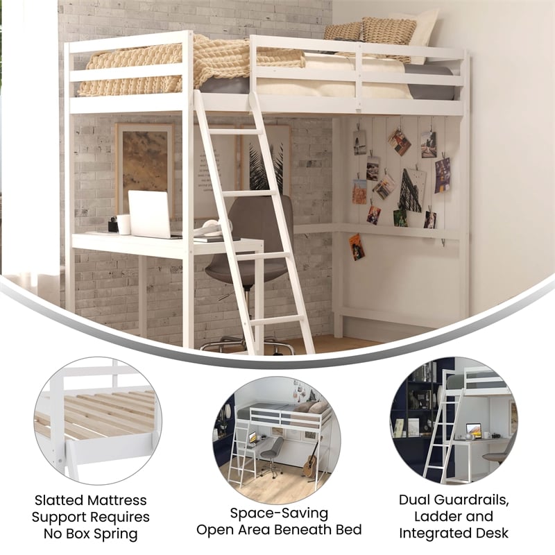 Pemberly Row Twin Wood Slat Loft Bed with Integrated Desk and Ladder in White