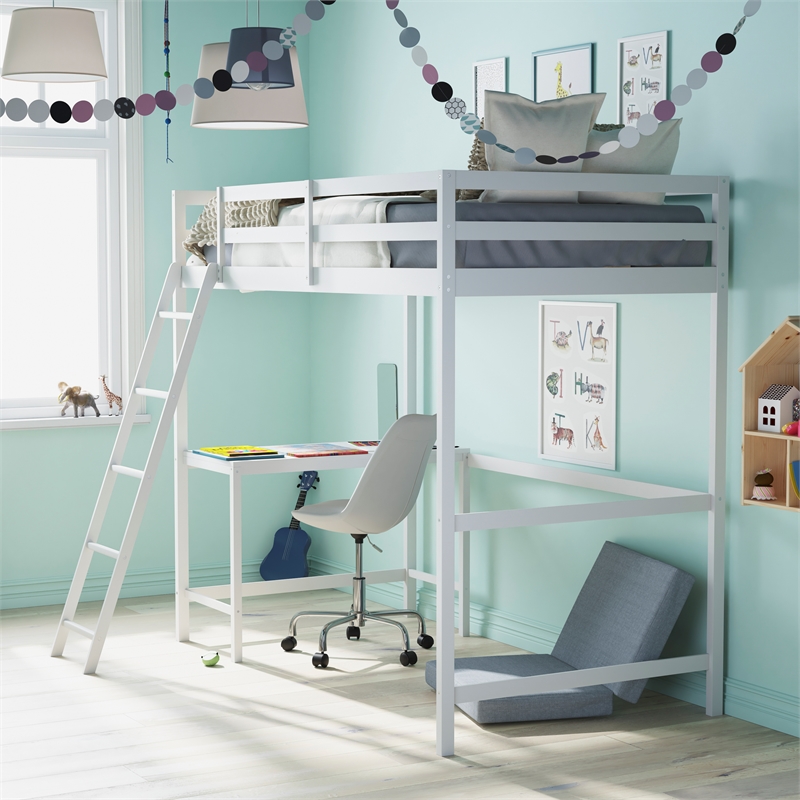 Pemberly Row Twin Wood Slat Loft Bed with Integrated Desk and Ladder in White