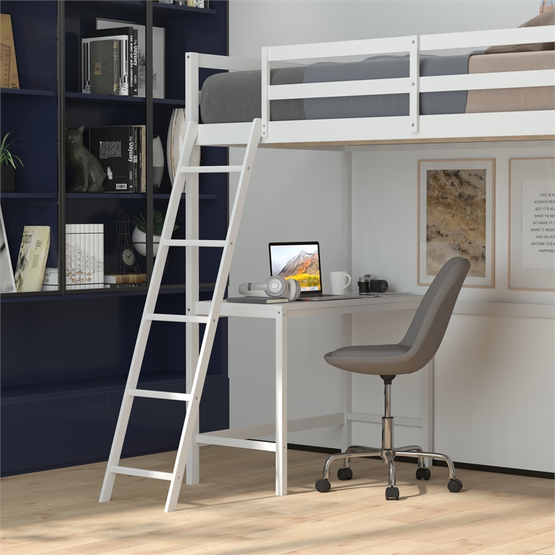 Pemberly Row Twin Wood Slat Loft Bed with Integrated Desk and Ladder in White