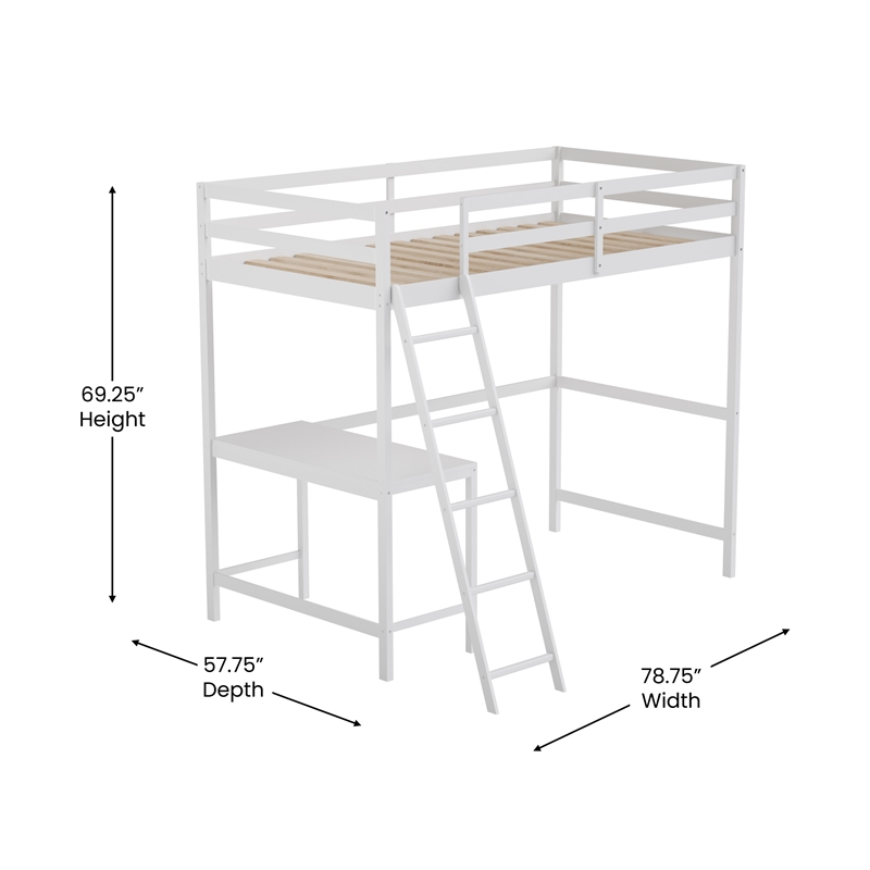 Pemberly Row Twin Wood Slat Loft Bed with Integrated Desk and Ladder in White