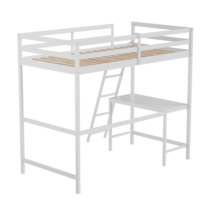 Pemberly Row Twin Wood Slat Loft Bed with Integrated Desk and Ladder in White