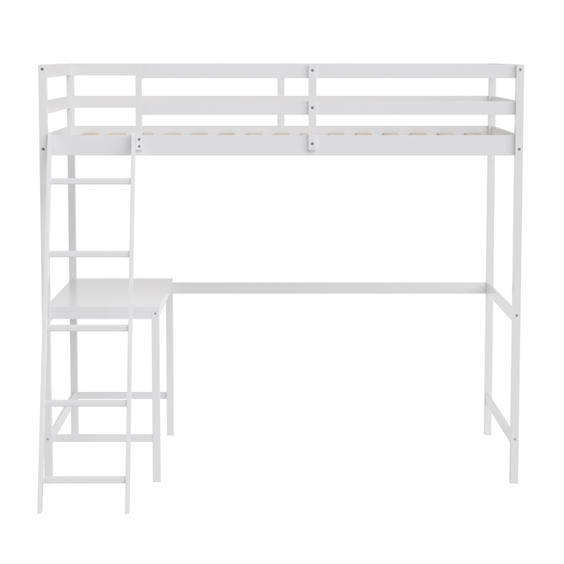 Pemberly Row Twin Wood Slat Loft Bed with Integrated Desk and Ladder in White