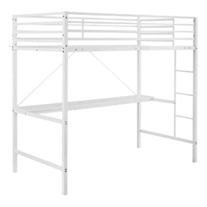 Pemberly Row Metal Twin Loft Bed Frame with Desk and Safety Rails in White
