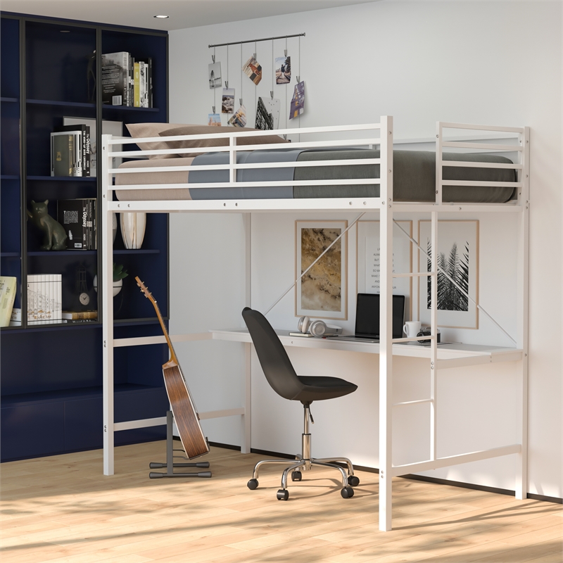 Pemberly Row Metal Twin Loft Bed Frame with Desk and Safety Rails in White