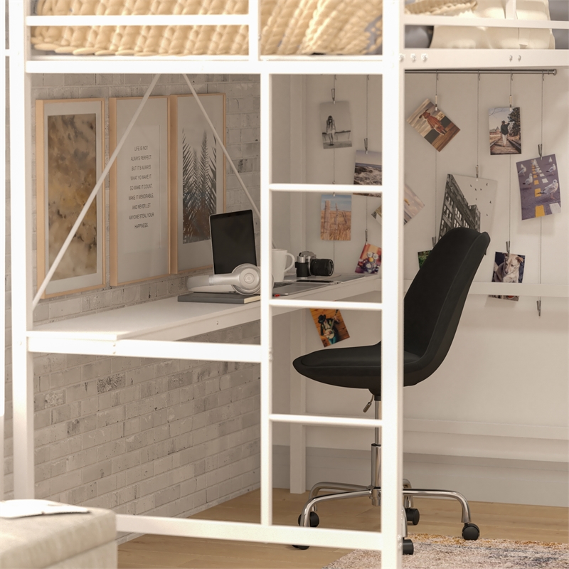 Pemberly Row Metal Twin Loft Bed Frame with Desk and Safety Rails in White
