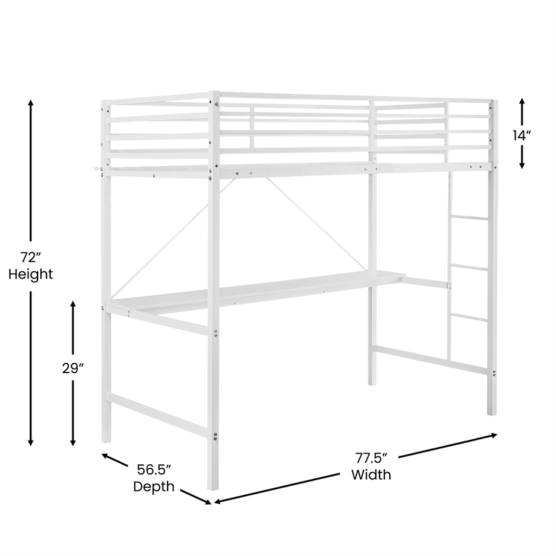 Pemberly Row Metal Twin Loft Bed Frame with Desk and Safety Rails in White