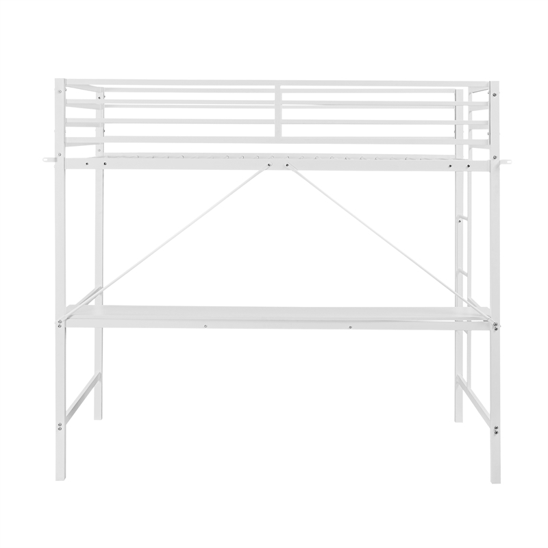 Pemberly Row Metal Twin Loft Bed Frame with Desk and Safety Rails in White