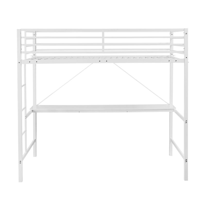 Pemberly Row Metal Twin Loft Bed Frame with Desk and Safety Rails in White