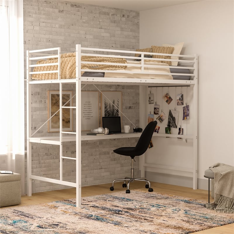 Pemberly Row Metal Twin Loft Bed Frame with Desk and Safety Rails in White