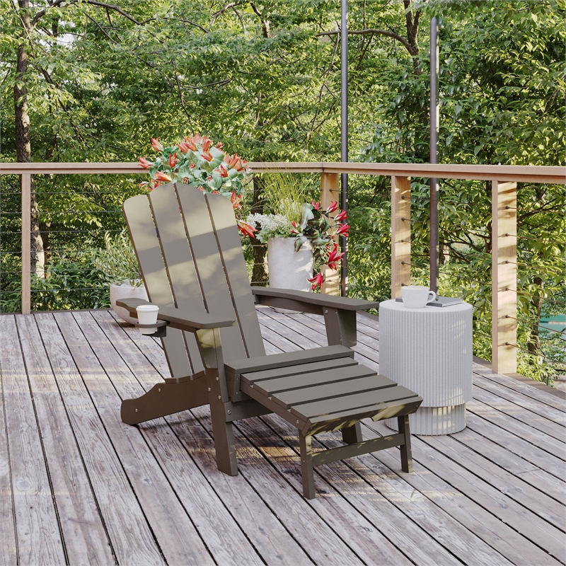 Pemberly Row Adirondack Chair with Pullout Ottoman & Cupholder in Brown