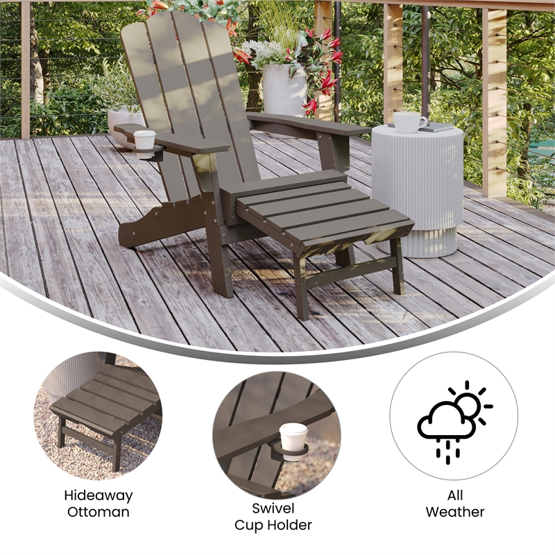 Pemberly Row Adirondack Chair with Pullout Ottoman & Cupholder in Brown
