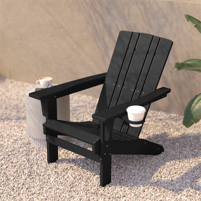 Pemberly Row All-Weather Adirondack Chair with Swiveling Cupholder in Black