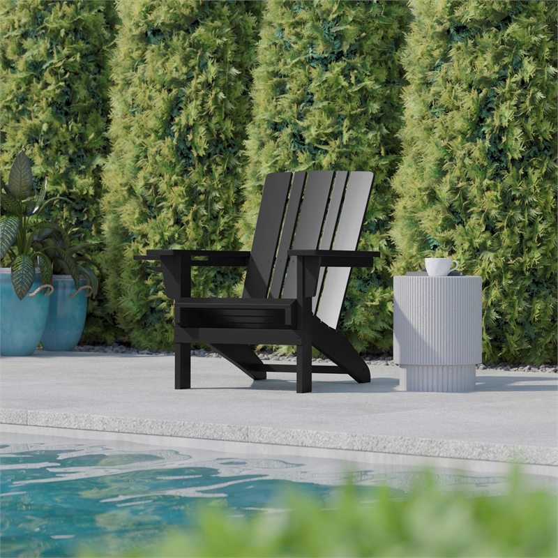 Pemberly Row All-Weather Adirondack Chair with Swiveling Cupholder in Black