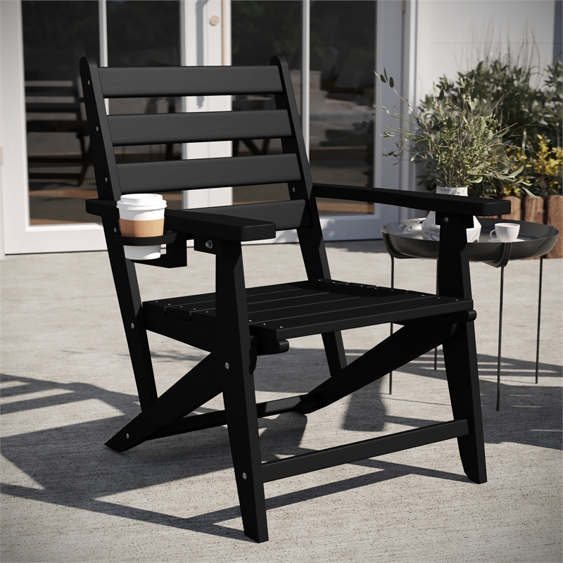 Pemberly Row Adirondack Dining Chair with Fold Out Cupholder in Black