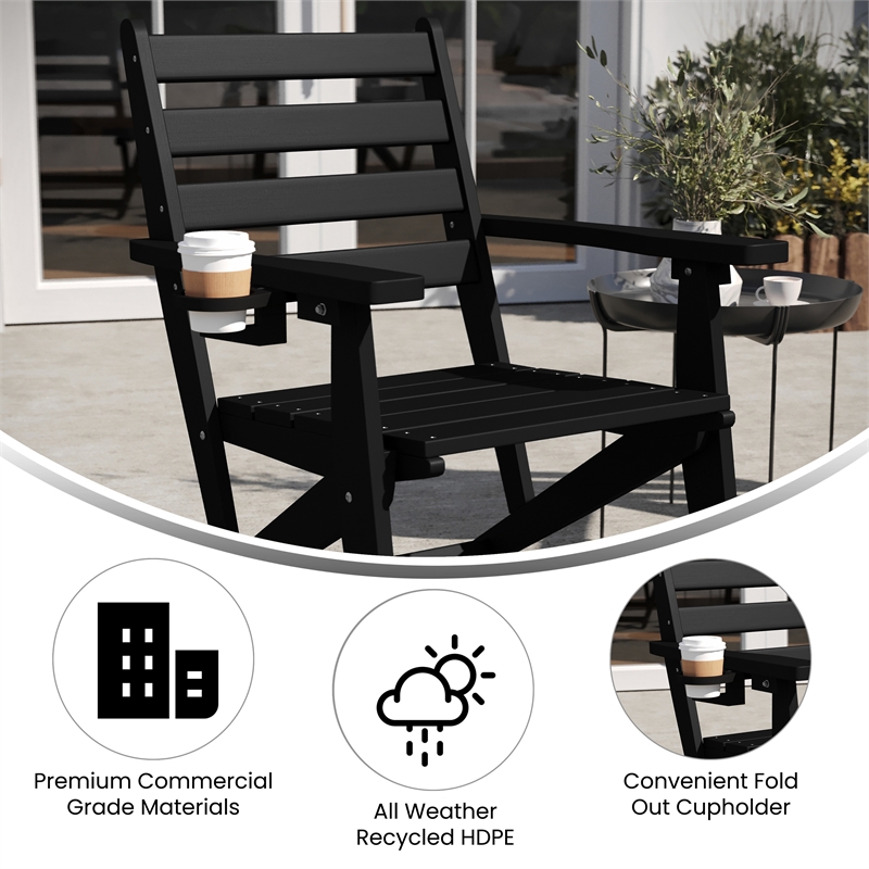 Pemberly Row Adirondack Dining Chair with Fold Out Cupholder in Black