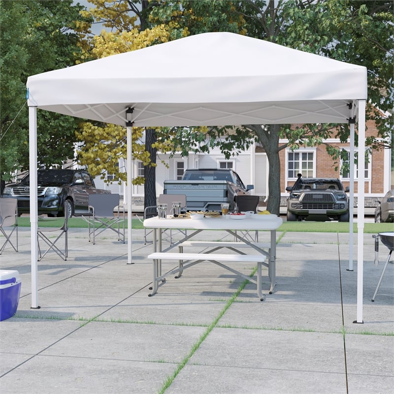Pemberly Row 10' x 10' White Pop Up Canopy with Folding Table and Benches Set