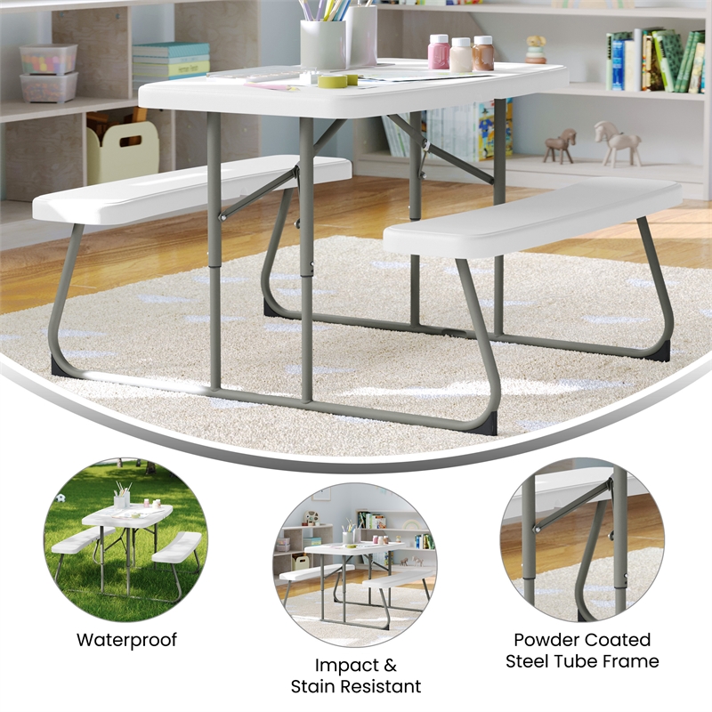 Pemberly Row Indoor/Outdoor Kids White Folding Picnic Table with Benches