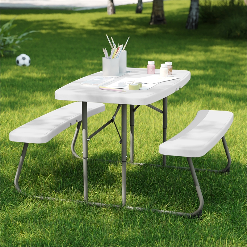 Pemberly Row Indoor/Outdoor Kids White Folding Picnic Table with Benches