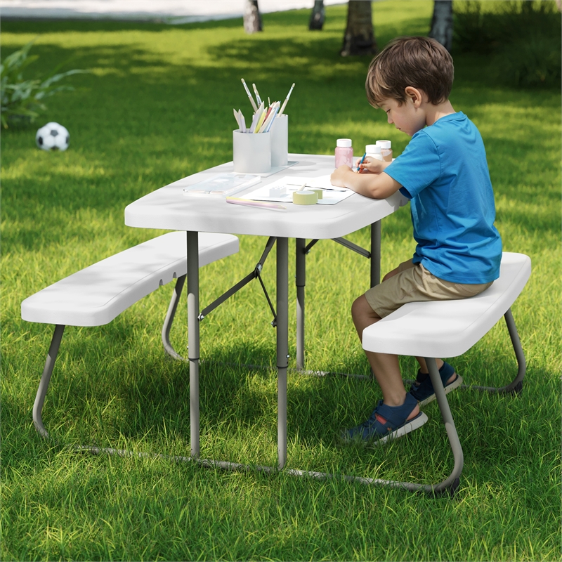 Pemberly Row Indoor/Outdoor Kids White Folding Picnic Table with Benches