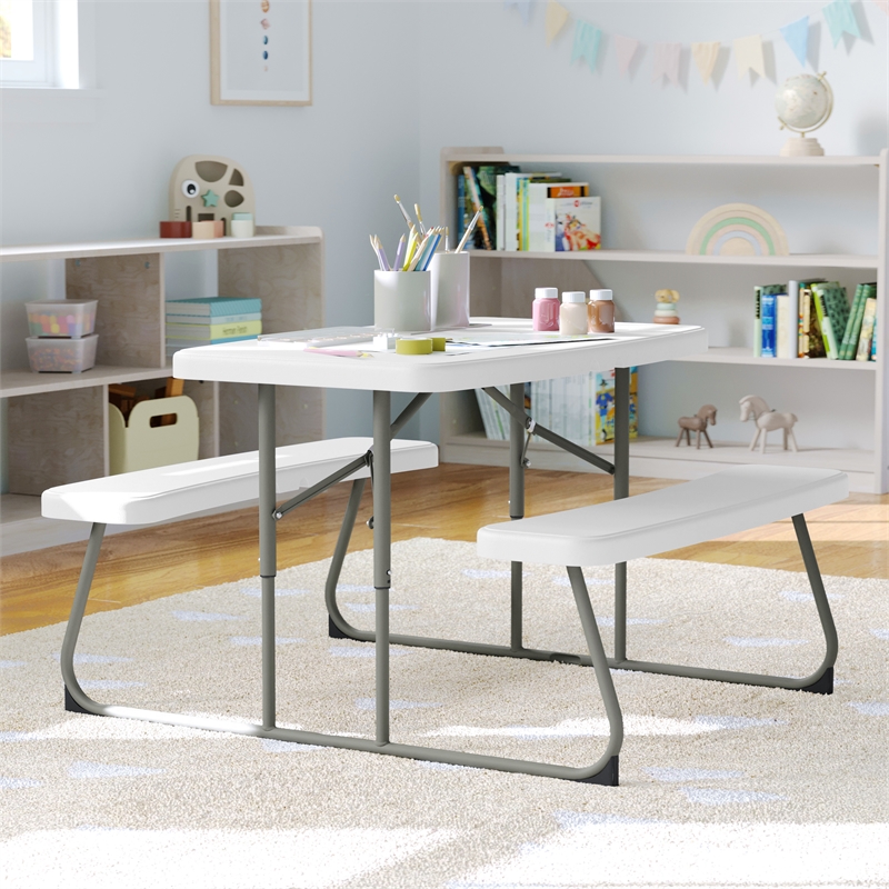 Pemberly Row Indoor/Outdoor Kids White Folding Picnic Table with Benches