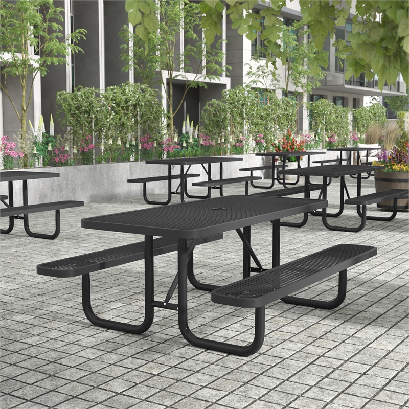 Pemberly Row 6' Rectangular Expanded Mesh Metal Outdoor Picnic Table in Black