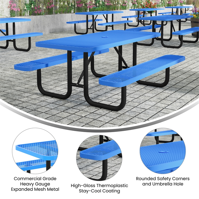 Pemberly Row 6' Rectangular Expanded Mesh Metal Outdoor Picnic Table in Blue