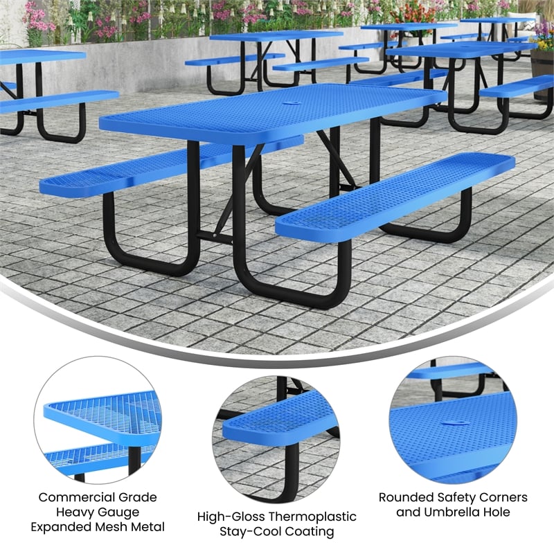 Pemberly Row 6' Rectangular Expanded Mesh Metal Outdoor Picnic Table in Blue