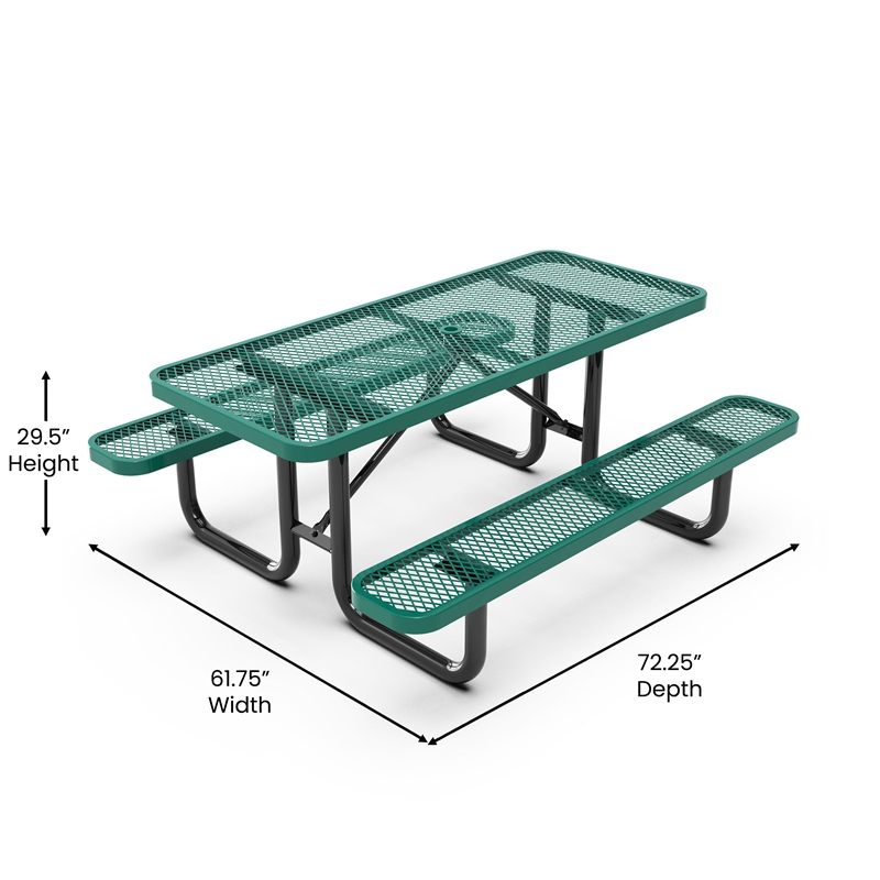Pemberly Row 6' Rectangular Expanded Mesh Metal Outdoor Picnic Table in Green